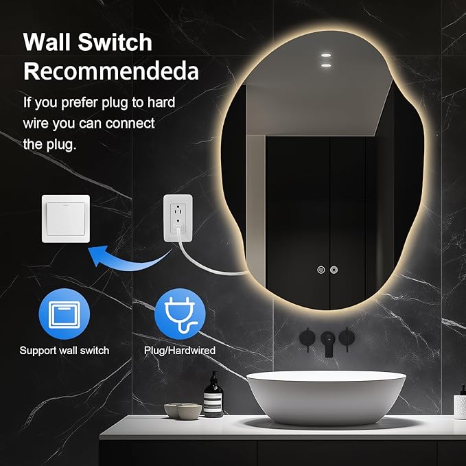 Asymmetrical LED Bathroom Mirror with Lights,Irregular Led Bathroom Vanity Mirror for Wall with Front and Backlit, Anti Fog, 3 Colors and Dimmable Light,[Horizontal/Vertical] 40" H x 30" W