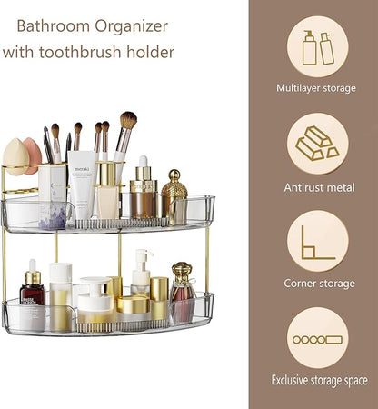 FELIZHOUSE 2-Tier Makeup Organizer for Vanity & Bathroom Countertop – Acrylic Storage Shelf with Perfume Makeup Brush Holder, Tool-Free Installation, Design for Bathroom & Dresser - Grey