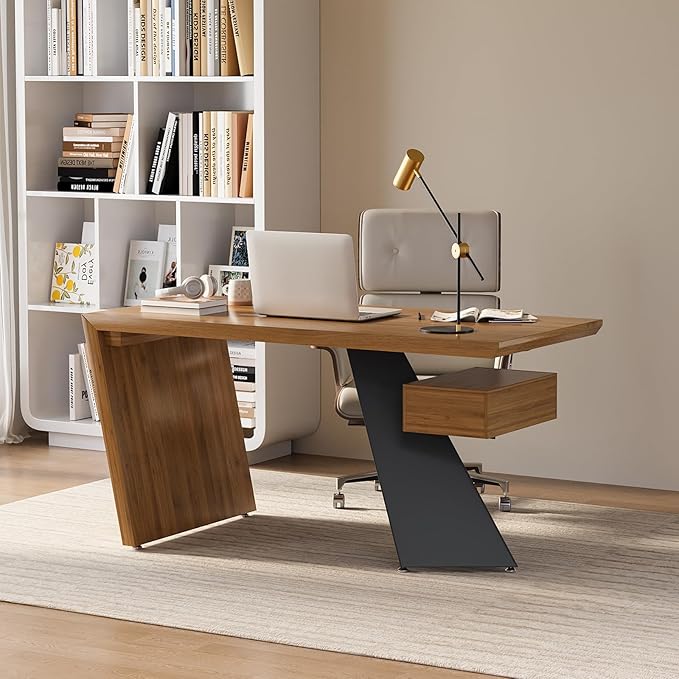 homary 55.1" Rustic Industrial Writing Desk, Home Office Desk with Drawer Natural Wooden Desk Home Office Computer Desk