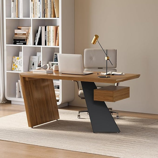 homary 55.1" Rustic Industrial Writing Desk, Home Office Desk with Drawer Natural Wooden Desk Home Office Computer Desk