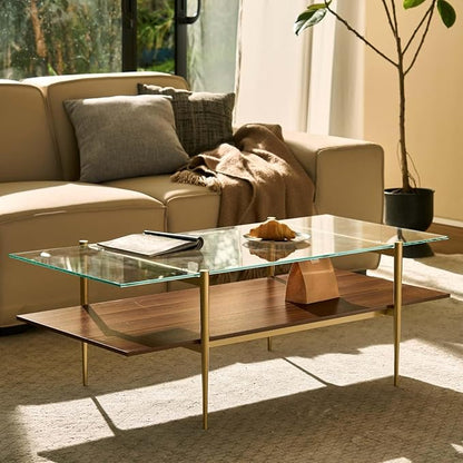 AGV LIGHTING Tadio Large Glass Coffee Table, Mid-Century Modern Coffee Table for Living Room, Gold Finish Leg, Clear Glass Top & Walnut Brown Shelf, 47 in