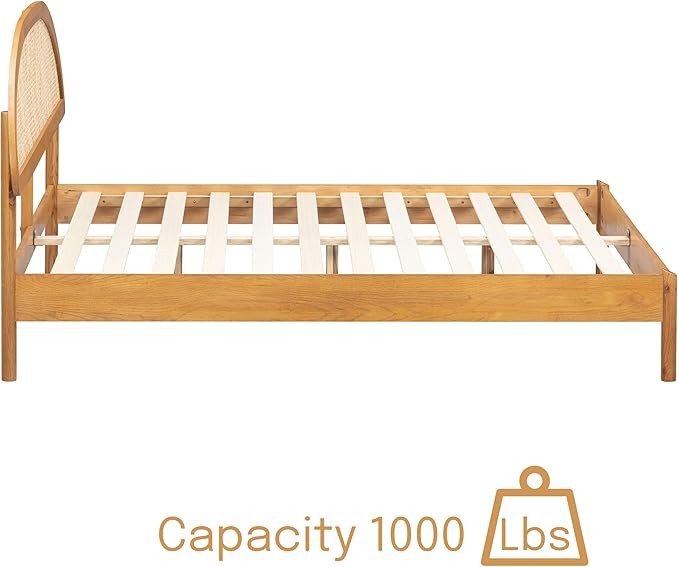 NTC Gem Wooden Bed Frame with Headboard and Natural Rattan, Solid Oak/Rubber Wood Foundation with Silent Slats, 1000 Lb Capacity, Effortless Assembly (Natural Cane - Rustic Oak, King)