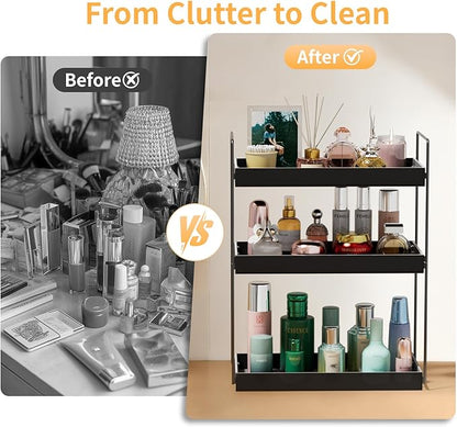 Bathroom Countertop Organizer, 3 Tier Metal Vanity Counter Skincare Shelf, Matte Black Under Sink Standing Rack With Acrylic Tray, Home Storage Holder For Lotion Makeup Cosmetics Perfume Spice