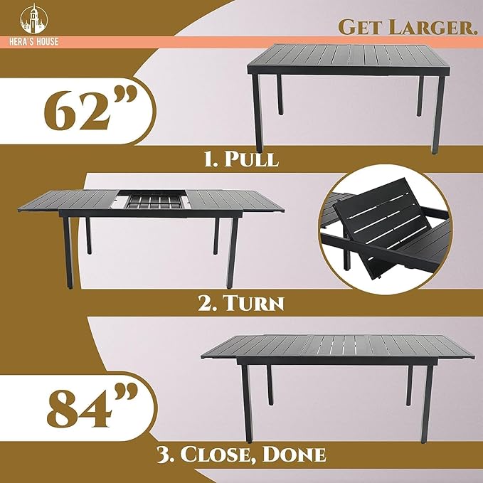 HERA'S HOUSE 9 Pieces Patio Table and Chairs Set, Outdoor Dining Set for 8, 8 x Cushioned Swivel Chairs and 1 x Extendable Dining Table, Patio Dining Set for Lawn Garden Backyard