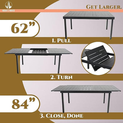 HERA'S HOUSE 9 Pieces Patio Table and Chairs Set, Outdoor Dining Set for 8, 8 x Cushioned Swivel Chairs and 1 x Extendable Dining Table, Patio Dining Set for Lawn Garden Backyard