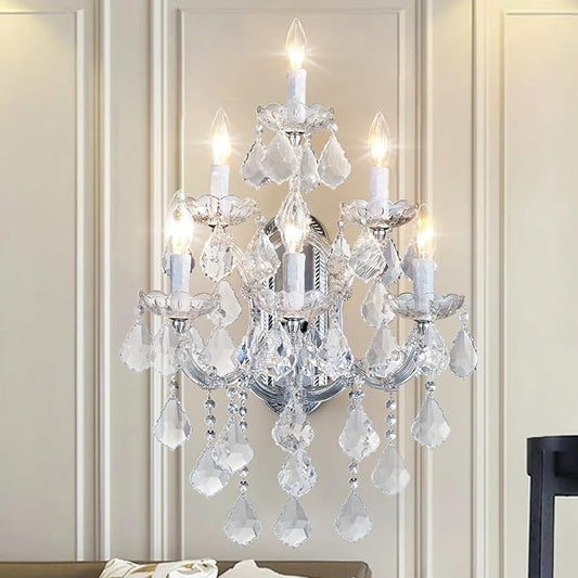 Modern Crystal Wall Sconce Lights- 6 Light Maria Theresa Crystal Wall Sconces Lighting Chrome Wall Lamp Chandelier Light Fixtures for Living Room Wall Sconce Light Walls Mounted Lamp
