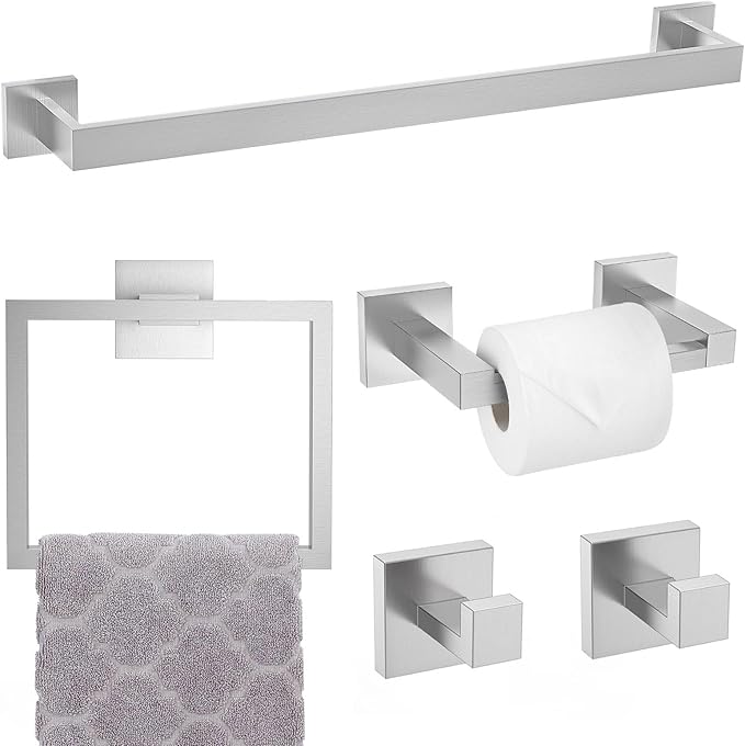 TNOMS Brushed Nickel Towel Bar Set,5-Piece Bathroom Hardware Set Includes Upgraded Double Base Paper Towel Holder Modern Square Towel Holder Set,Stainless Steel Wall Mount 23.6 Inch