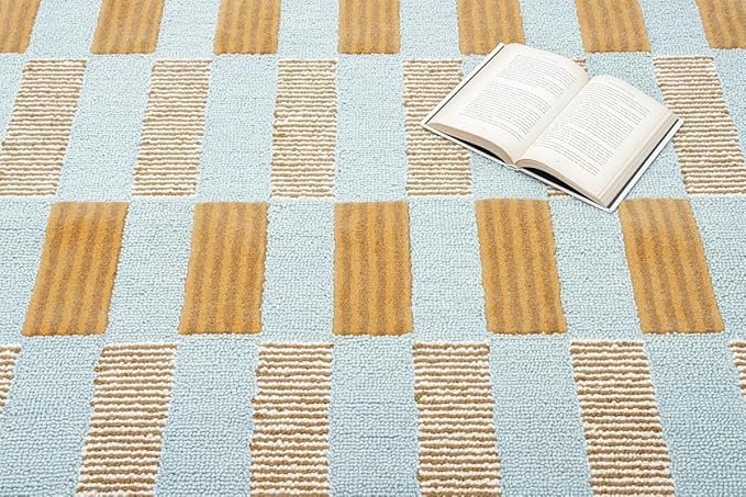 Hand-Tufted Wool Rug with Scalloped Edges, Light Blue Plaid Pattern, Cozy Soft Area Rug for Living Room, Bedroom, and Nursery, Handmade Modern Accent Rug, 9x12 Ft