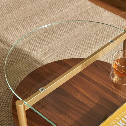 Saint Mossi Oval Glass Coffee Table for Small Living Room, Double Layer Glass and Wood Center Table, Clear Glass & Coffee Brown MDF Bottom Shelf, 41”x21 x17, Gold Table Legs