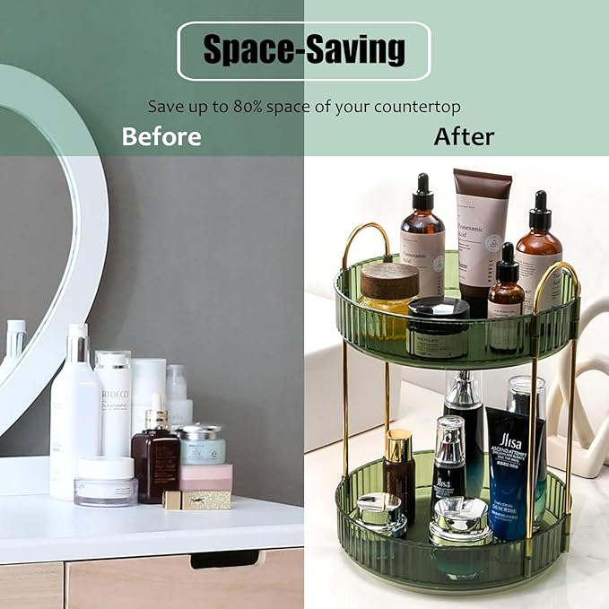 Rotating Makeup Organizer Countertop 2 Tier Lazy Susan Clear Skincare Perfume Storage for Bathroom Counter Vanity, Green Gold