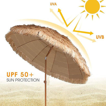 AMMSUN 7.5ft Hula Thatched Tiki Patio Beach Umbrella Hawaiian Style 10 Ribs UPF 50+ with Tilt Carry Bag for Outdoor Tiki Bar, Tropical Palapa, Patio Garden Beach Pool Backyard Natural Color