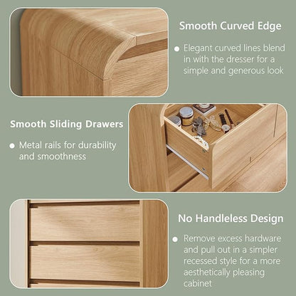 Modern 7 Drawers Dresser for Bedroom, 55" Tall Dressers & Chest of Drawers w/Curved Profile Design, Wood Mid Century Vertical Storage Dressers Organizer for Bedroom, Living Room, Natural Oak