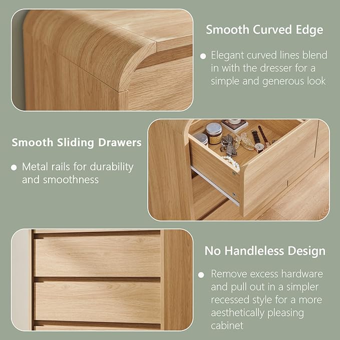 Modern 5 Drawers Dresser for Bedroom, 45" Tall Dressers & Chests of Drawers w/Curved Profile Design, Wood Mid Century Vertical Dresser w/Natural Texture for Bedroom, Living Room, Natural Oak