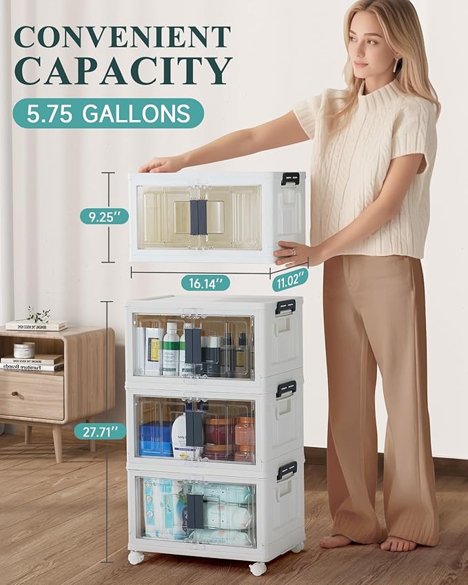 OlarHike Stackable Storage Bins with Lids Folding Storage Box with Doors and Wheels  3 Pack Cubes