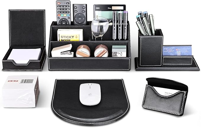 KINGFOM T31-6PCS/SET Desktop Decor Organizer Supplies Set PU Leather Remote Control Collection Holder, Pencil Box, Business Card Holder, Mouse Pad, Sticky Notes Paper and Dispenser