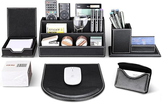 KINGFOM T31-6PCS/SET Desktop Decor Organizer Supplies Set PU Leather Remote Control Collection Holder, Pencil Box, Business Card Holder, Mouse Pad, Sticky Notes Paper and Dispenser