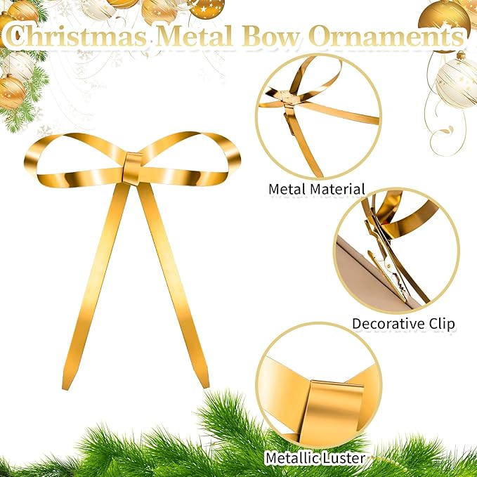 20 Pcs Christmas Metal Bow Ornaments with Clip, 5 x 6 Inch Christmas Bows Door Garland Decor Vintage Wreath Bow for Tree, Wreath, Gift Wrapping (20, Gold)