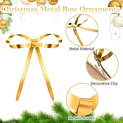 20 Pcs Christmas Metal Bow Ornaments with Clip, 5 x 6 Inch Christmas Bows Door Garland Decor Vintage Wreath Bow for Tree, Wreath, Gift Wrapping (20, Gold)