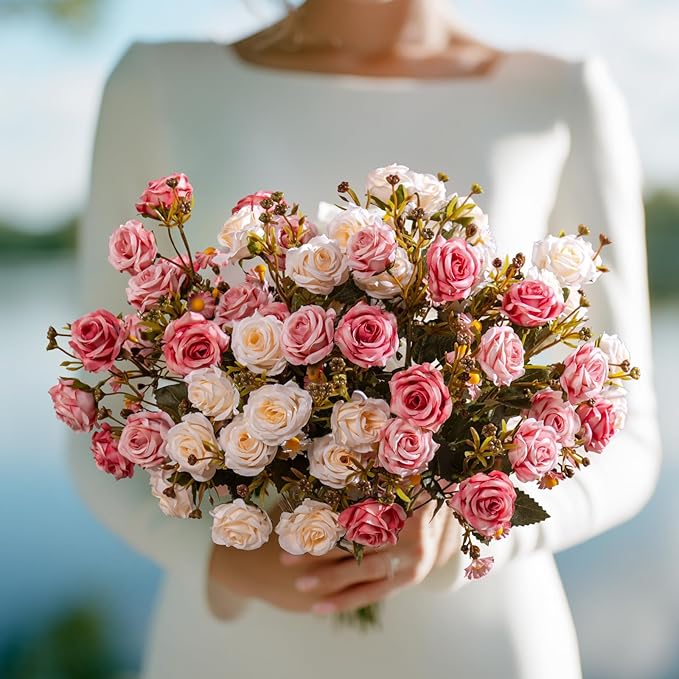 Artificial Flowers for Outdoor 4 Bundles Rose Bouquet with Daisy Faux Flowers UV Resistant for Home Indoor Outside Garden Porch Window Box Balcony Yard Porch Decor (White+Pink)