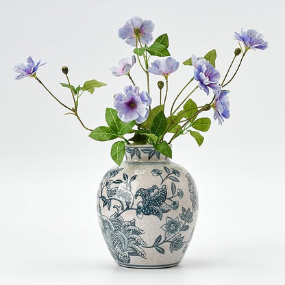 SIDUCAL Ceramic Chinoiserie Floral Vase | 6.3 Inch Blue and White Vintage | Retro Ice Cracked Blue and White Porcelain Vase for Table, Living Room, Bathroom Decoration, Shelf Decor, Mantel