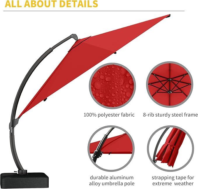 Kingdura 11ft Offset Cantilever Patio Umbrella with Base Included, Large Round Aluminum Outdoor Umbrella, 360° Rotation & Infinite Tilt, Heavy Duty Frame for Deck Pool Backyard, Red