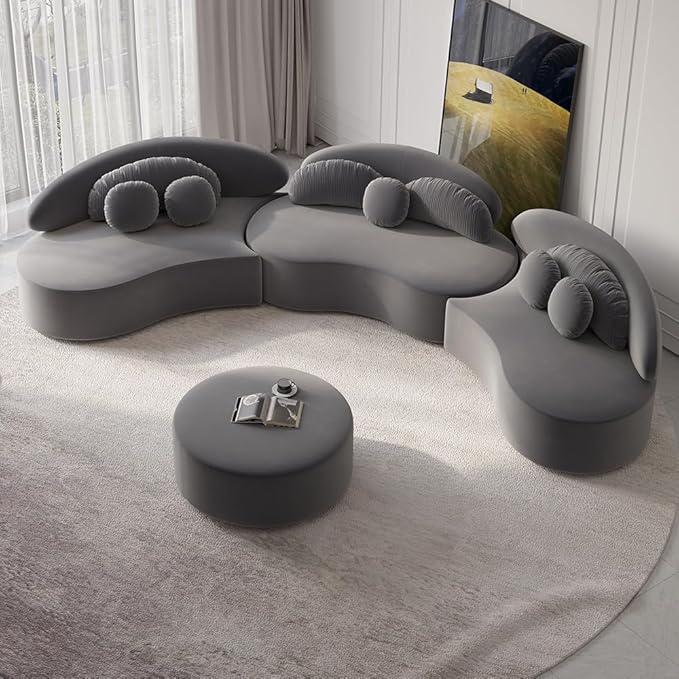 homary Modern 7 Seat Sectional Sofa Curved Modular Beige Velvet Upholstered with Ottoman (Deep Gray, 145.7" L x 31.5" W x 30.7" H)