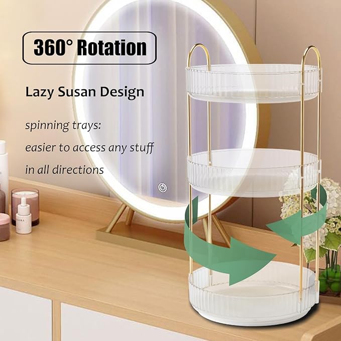 Rotating Makeup Organizer Countertop 3 Tier Lazy Susan Clear Skincare Perfume Storage for Bathroom Counter Vanity, Transparent