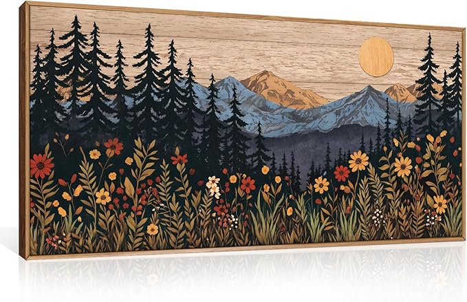 HOURIA Natural Mountain Floral Framed Canvas Wall Art,Modern Sunrise Forest Wall Decor,Boho Wildflower Woodland Landscape Artwork,Wilderness Pine Tree Field Art Print for Living Room,Office-20 x40 x1