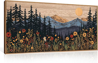 HOURIA Natural Mountain Floral Framed Canvas Wall Art,Modern Sunrise Forest Wall Decor,Boho Wildflower Woodland Landscape Artwork,Wilderness Pine Tree Field Art Print for Living Room,Office-20 x40 x1