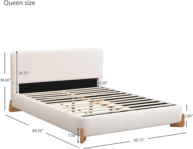 Merax Queen Bed Frame and Headboard, Boucle Upholstered Bed Platform Bedframe, No Box Spring Required, Easy Assembly, White