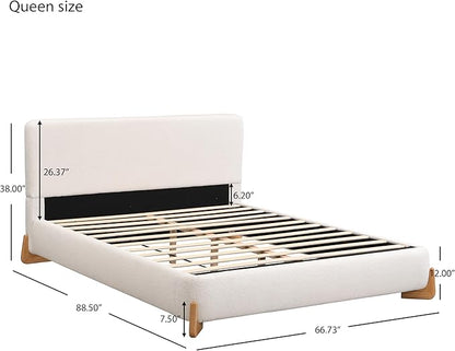Merax Queen Bed Frame and Headboard, Boucle Upholstered Bed Platform Bedframe, No Box Spring Required, Easy Assembly, White