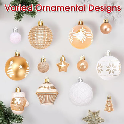 DeckTheHalls 42 Pcs Christmas Ornaments, Various Styles of Christmas Ball Ornaments, Shatterproof Christmas Balls for Holiday Xmas Tree Decor, Hanging Ornament for Indoor Decoration (Gold & White)
