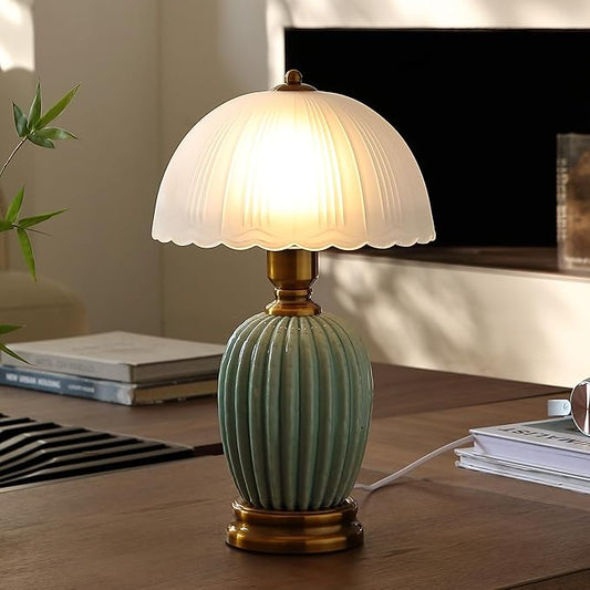 Vintage Lamp for Living Room,16" Modern Ceramic Table Lamps for Bedroom,Retro Bedside Nightstand Traditional Lamps, Classic Chinoiserie Green Lamp for Home Decor (LD003)