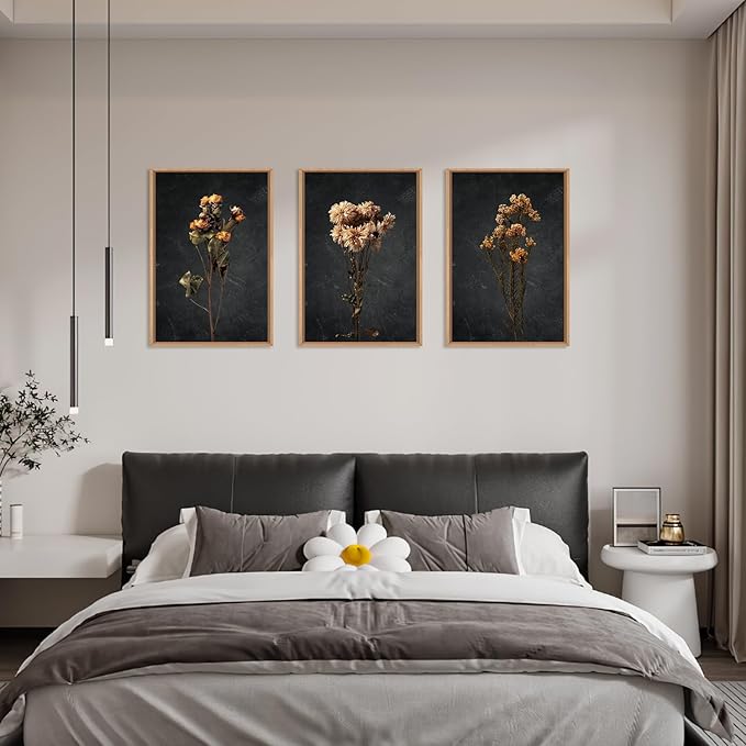 HOURIA Moody Boho Floral Framed Canvas Wall Art Set,Vintage Black Flower Wall Decor,Mid Century Minimalist Wildflower Artwork,Nature Retro Botanical Art Print for Living Room,Bedroom,Office- 16"x24"x3