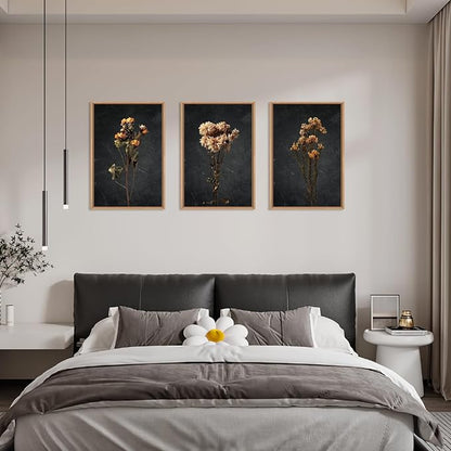 HOURIA Moody Boho Floral Framed Canvas Wall Art Set,Vintage Black Flower Wall Decor,Mid Century Minimalist Wildflower Artwork,Nature Retro Botanical Art Print for Living Room,Bedroom,Office- 16"x24"x3
