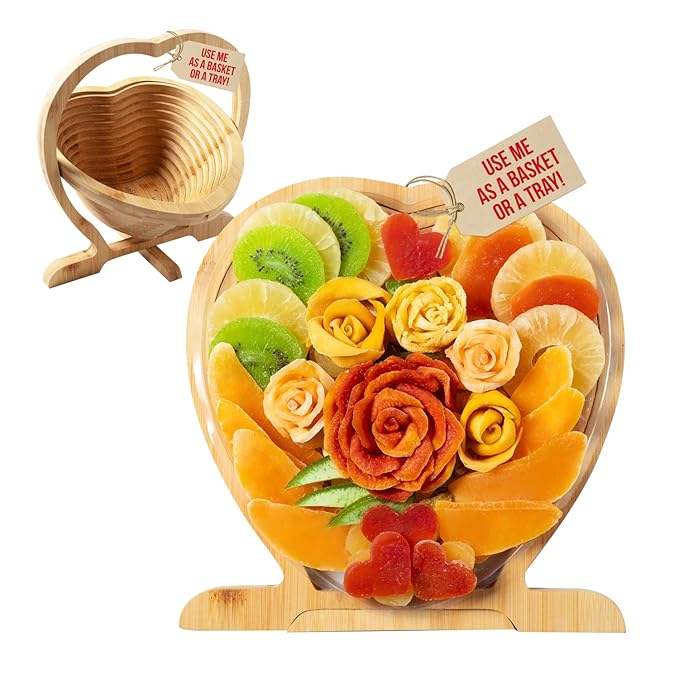 Dried Fruit Gift Basket- Heart Shaped Food Tray- Gourmet Assortment of Premium Tropical Fruits in Reusable Bamboo Heart Basket – Healthy Holiday Snack Gift for Thanksgiving, Christmas, Corporate Gifting- Bonnie and Pop