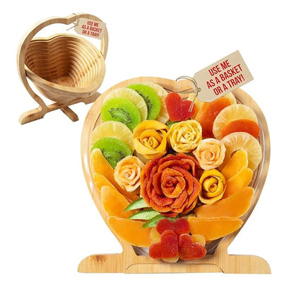 Dried Fruit Gift Basket- Heart Shaped Food Tray- Gourmet Assortment of Premium Tropical Fruits in Reusable Bamboo Heart Basket – Healthy Holiday Snack Gift for Thanksgiving, Christmas, Corporate Gifting- Bonnie and Pop