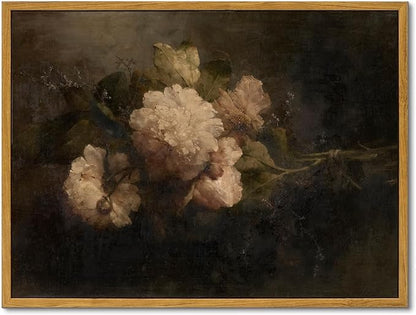 KBKBART Framed Canvas Wall Art Vintage , Dark Vintage Still Life Flower Canvas Oil Painting, Classical Moody Peony Bouquet Prints for Wall Decor, Antique Floral Art Painting Victorian Decor Artwork for Bedroom Living Room Bathroom Gallery(12"x16")