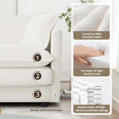 SoarFlash Chenille Sectional Sofa, Comfy L Shaped Modular Coush Sofa with Ottoman, Modern 3 Seat Couch Deep Seat Sofa Set for Living Room,White