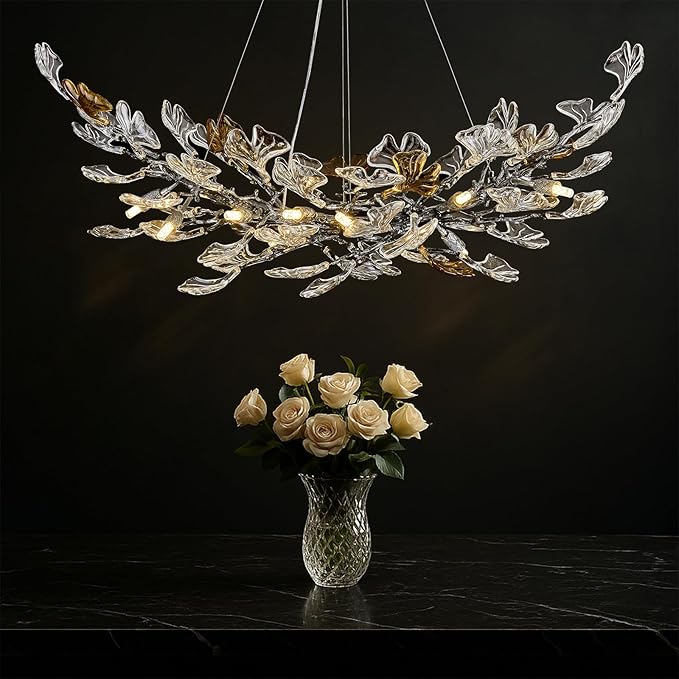 Modern Crystal Chandelier, L47 Rectangle Glass Ginkgo Leaf Chandeliers, Black Tree Branch Chandelier Over Dining 12-Light Farmhouse Chandeliers for Foyer Living Room Kitchen Island