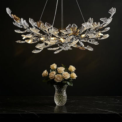 Modern Crystal Chandelier, L47 Rectangle Glass Ginkgo Leaf Chandeliers, Black Tree Branch Chandelier Over Dining 12-Light Farmhouse Chandeliers for Foyer Living Room Kitchen Island