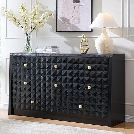 Modern 8 Drawer Dresser for Bedroom, Wooden Large Dressers &Chests of Drawers w/Two Different Drawer Sizes, Mid Century Modern Dresser w/Diamond Panel Decorate for Bedroom, Curved Profile Design,Black