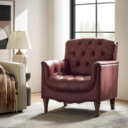 HULALA HOME Mid Century Modern Leather Club Chairs, Top-Grain Genuine Leather Armchairs with Button-Tufted Back & Solid Wood Legs, Accent Chairs for Living Room/Bedroom/Home Office, Burgundy