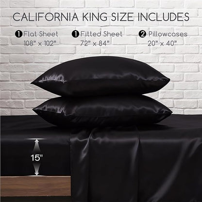 MR&HM Satin Bed Sheets, California King Size Sheets Set, 4 Pcs Silky Bedding Set with 15 Inches Deep Pocket for Mattress (California King, Black)
