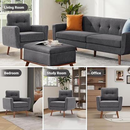 Tbfit Linen Fabric Accent Chairs Set of 2, Mid Century Modern Armchair for Living Room, Bedroom Button Tufted Upholstered Comfy Reading Accent Chair Sofa(Grey)