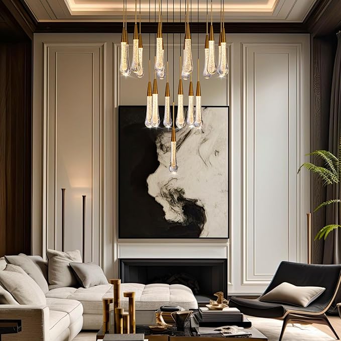 Large Raindrop Chandelier for Foyer, Entryway, 19-Light Gold Chandeliers for High Ceilings, Staircase, Luxury Long Big Hanging Light Fixtures with Glass, Brass Pendant Light Fixtures Living Room