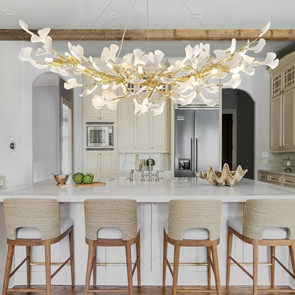 Modern Gold Tree Branch Chandeliers for Dining Room,55" Rectangle Ceramic Ginkgo Leaf Chandelier, Dining Chandelier Over Table,Linear Chandeliers for Dining Room, Living,Kitchen