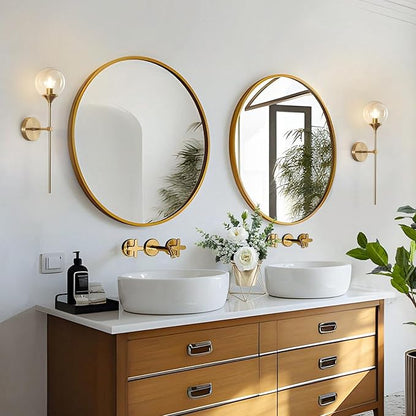 KCO Lighting Brushed Brass Gold Wall Mounted Sconce Mid Century Modern Wall Light Fixture Vintage Long Wall Lamp Amber Glass Wall Sconce Lighting Globe Round Wall Light (Amber)