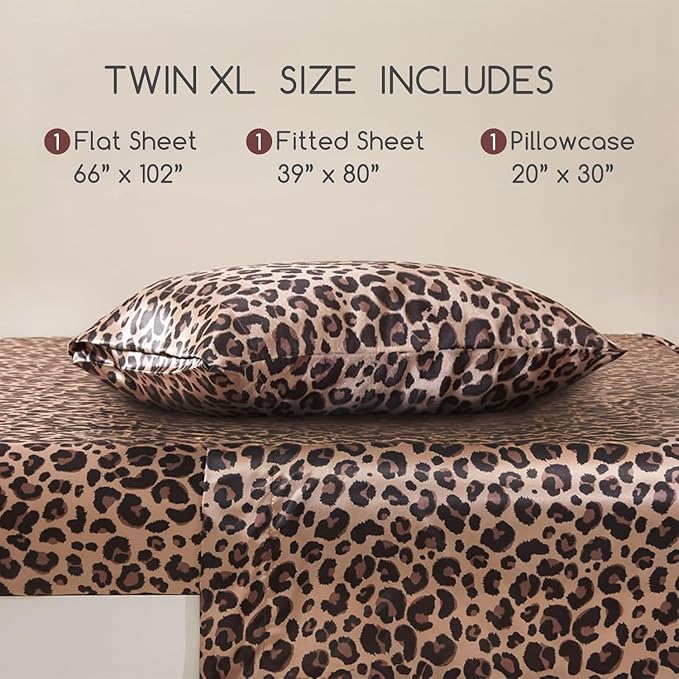 MR&HM Satin Bed Sheets, Twin XL Size Sheets Set, 3 Pcs Silky Bedding Set with 15 Inches Deep Pocket for Mattress (Twin XL, Brown Leopard)
