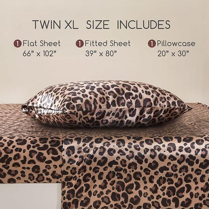 MR&HM Satin Bed Sheets, Twin XL Size Sheets Set, 3 Pcs Silky Bedding Set with 15 Inches Deep Pocket for Mattress (Twin XL, Brown Leopard)